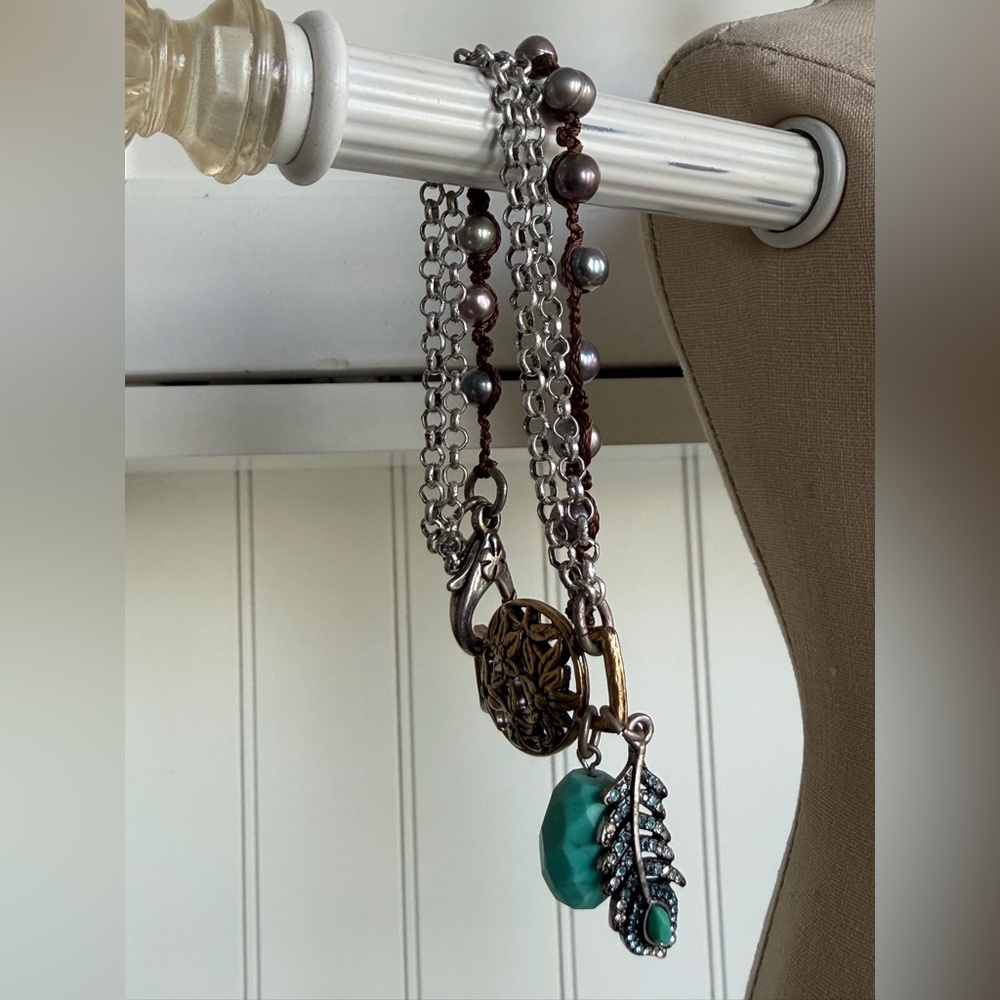 Lucky Brand Charm Bracelet β Silver Feather, Turquoise & Rhinestones - Picture 2 of 5